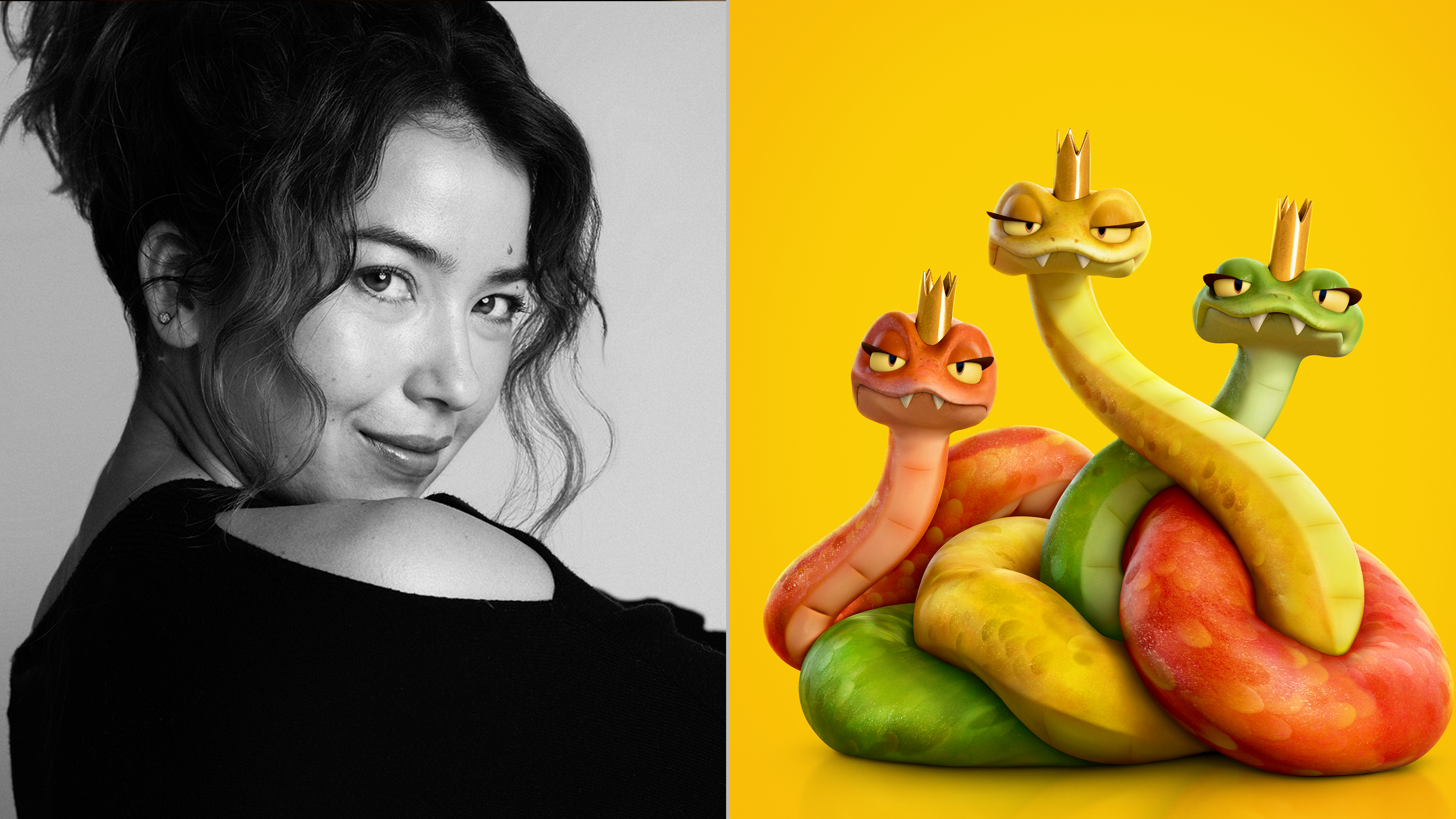 The image features Nichole Sakura, the voice of Reptile Queens in Hoppers, Pixar, Disney+