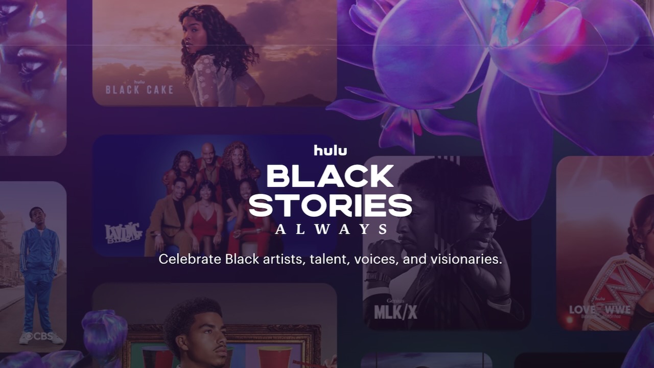 Graphic art highlighting Hulu’s Black Stories Always hub to feature TV and film works by Black directors, writers, actors, and creators.