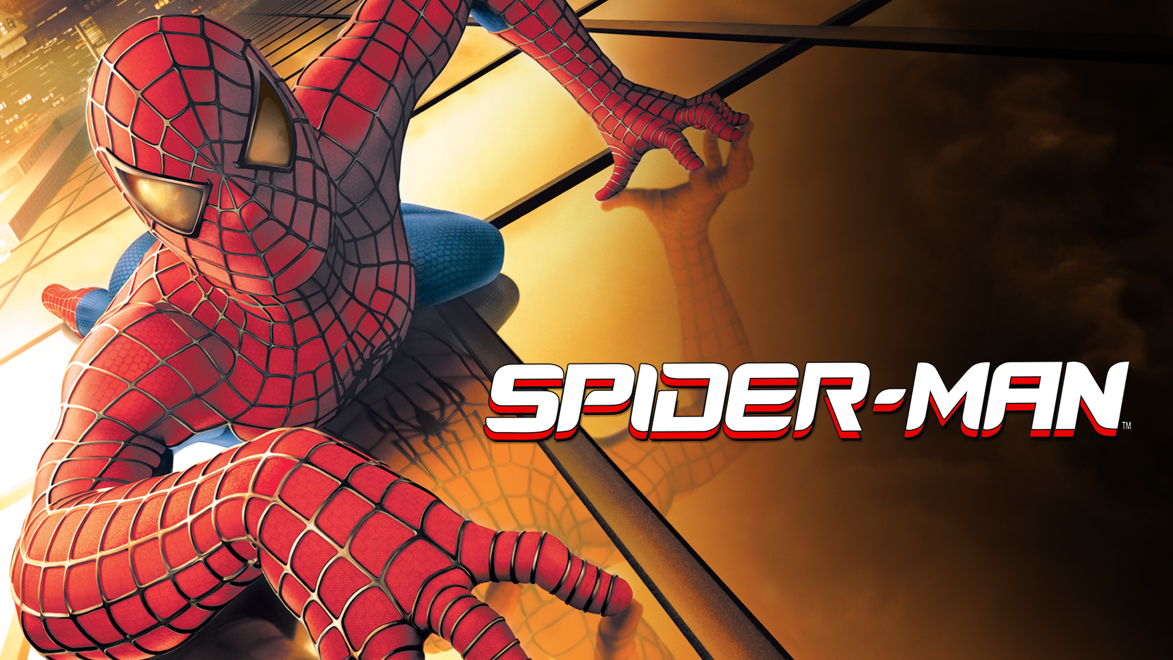 This image is the promotional poster for the 2002 superhero film Spider-Man, directed by Sam Raimi and starring Tobey Maguire as Peter Parker. 