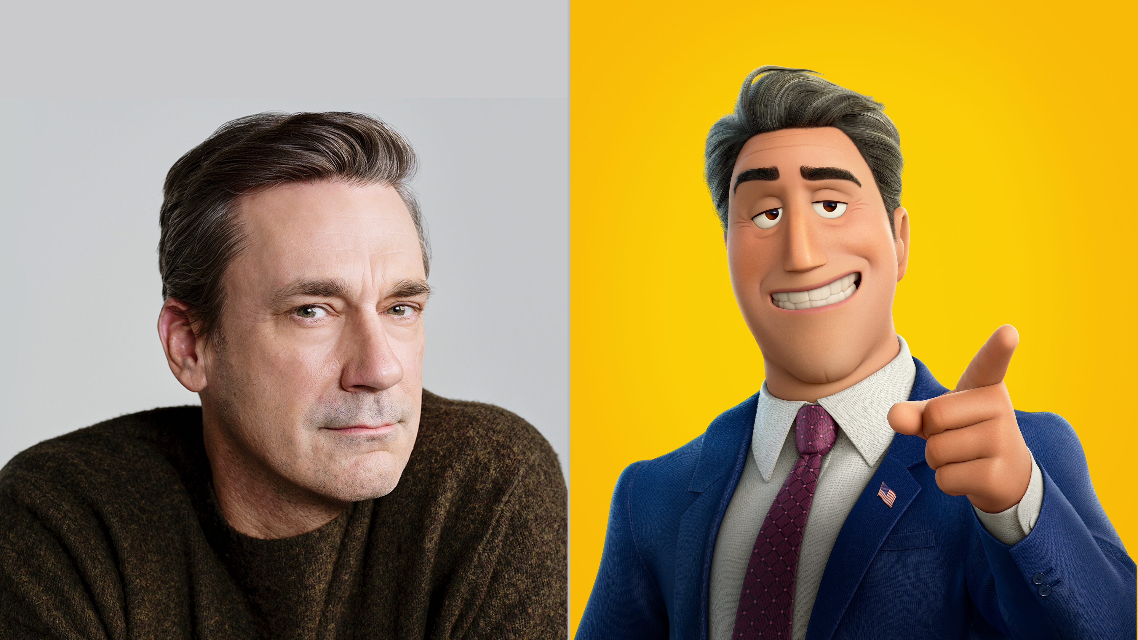 The image features Jon Hamm, the voice of Mayor Jerry Generazzo in Hoppers, Disney+.