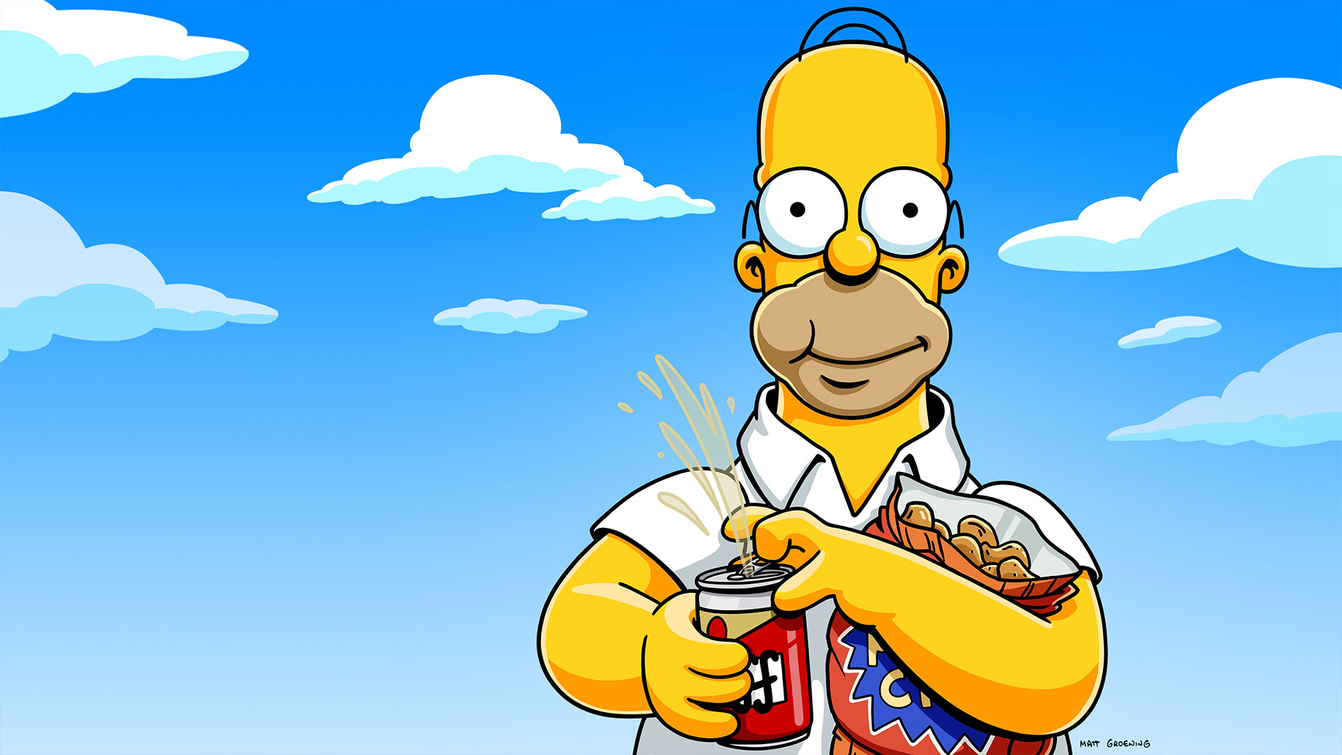 Key art for The Simpsons featuring Homer Simpson opening a can of soda while holding a bag of snacks against a blue sky background.