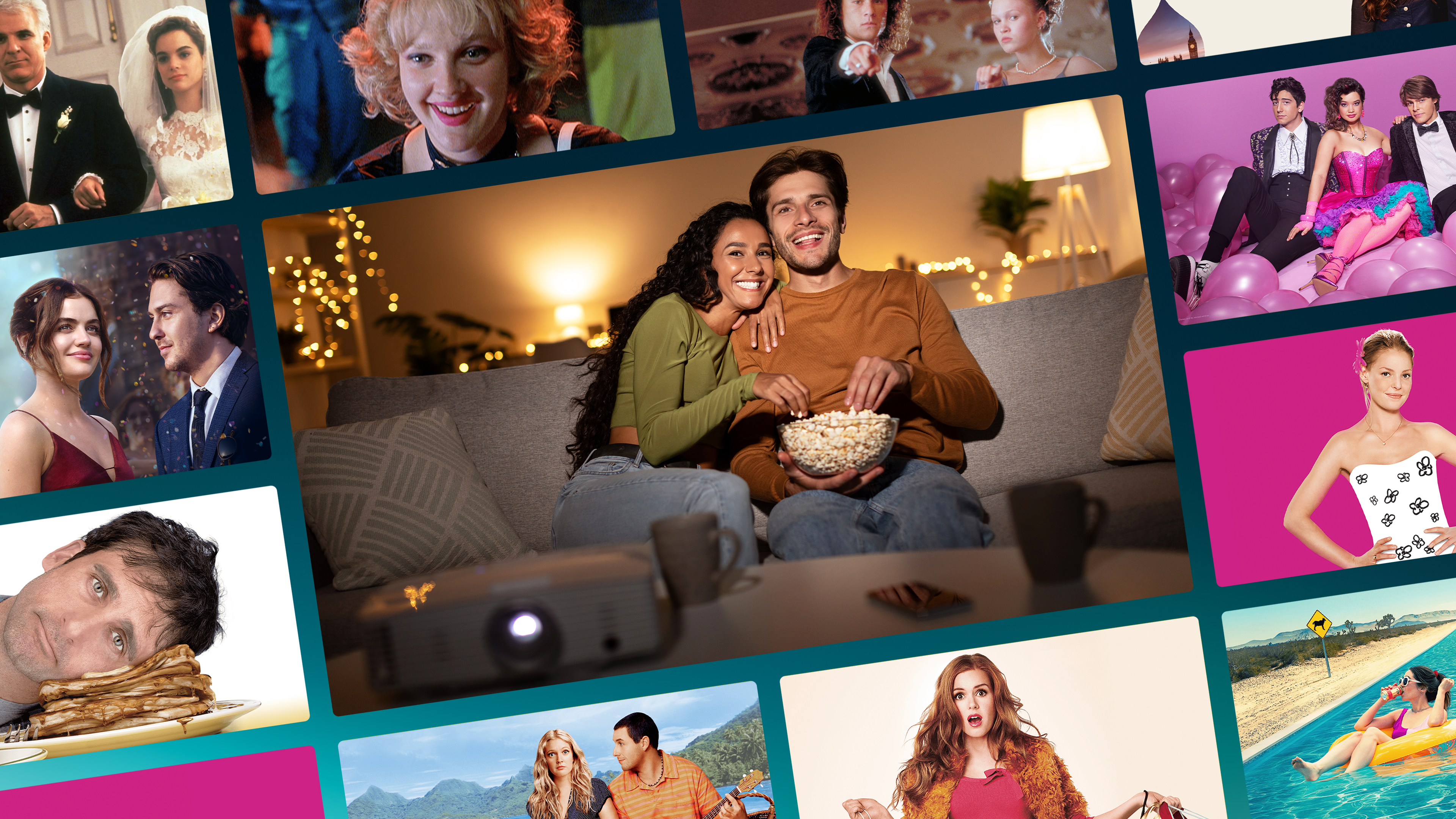 A collage of colorful movie posters and film stills surrounding a central photo of a smiling couple sitting on a couch, eating popcorn, and watching a movie using a home projector. The surrounding tiles feature scenes from various romantic comedies and dramas, including The Hating Game starring Lucy Hale and Robbie Amell, the Jennifer Lawrence comedy No Hard Feelings, Adam Sandler and Drew Barrymore in 50 First Dates, and Isla Fisher in Confessions of a Shopaholic.