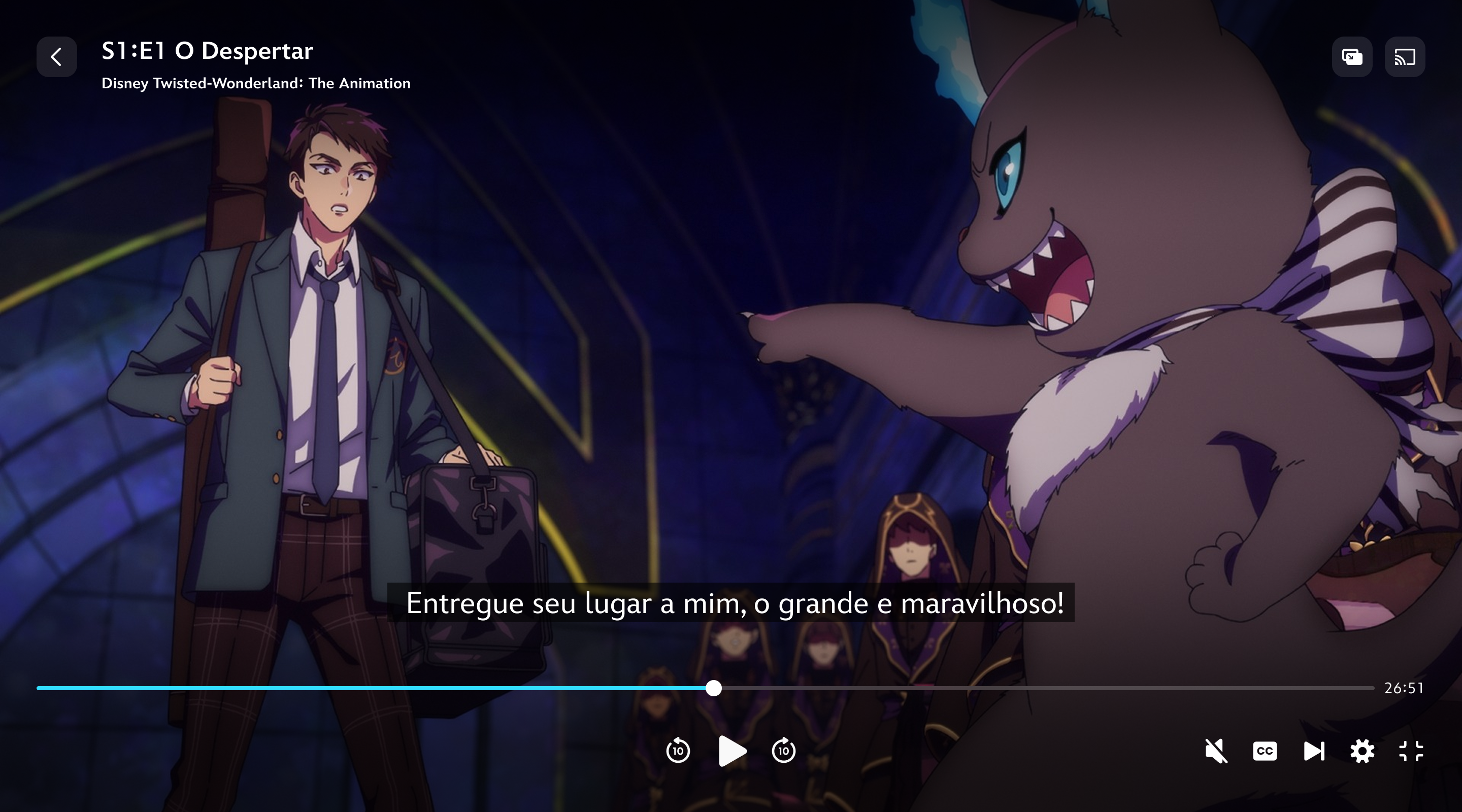Uma cena de Disney Twisted-Wonderland: A Série com legendas corrigidas para inglês.