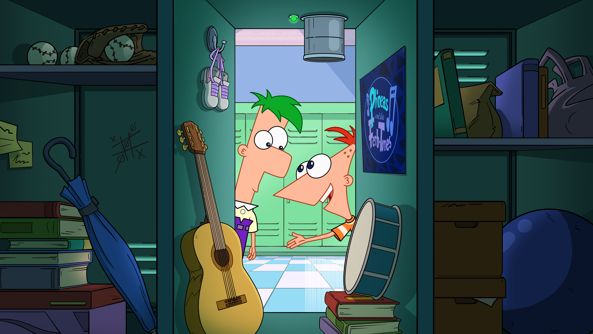 This scene features the animated characters Phineas Flynn and Ferb Fletcher from the Disney series Phineas and Ferb.