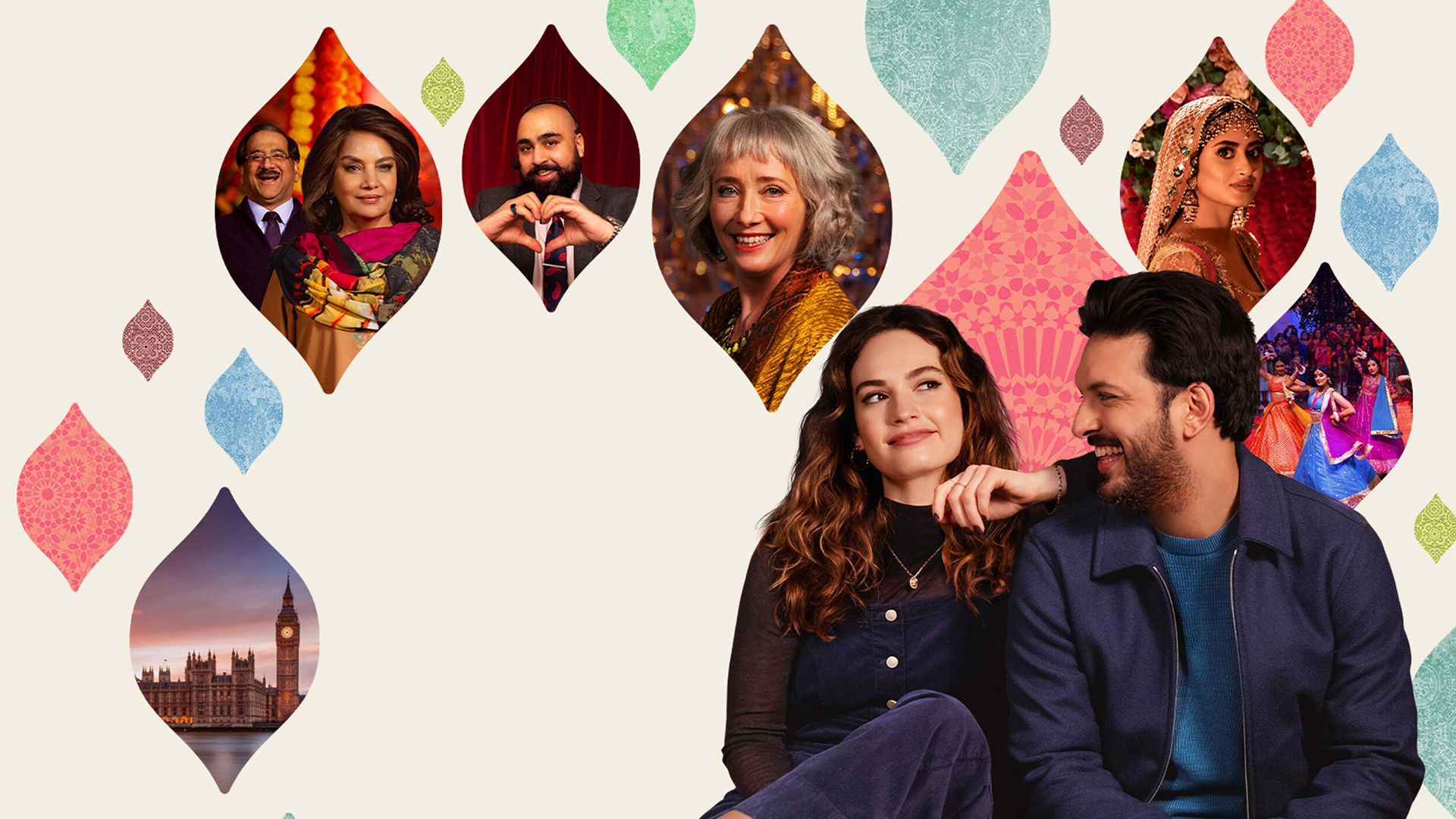 Zoe (Lily James) and Kaz (Shazad Latif) sit together in front of a collage featuring other characters from the movie