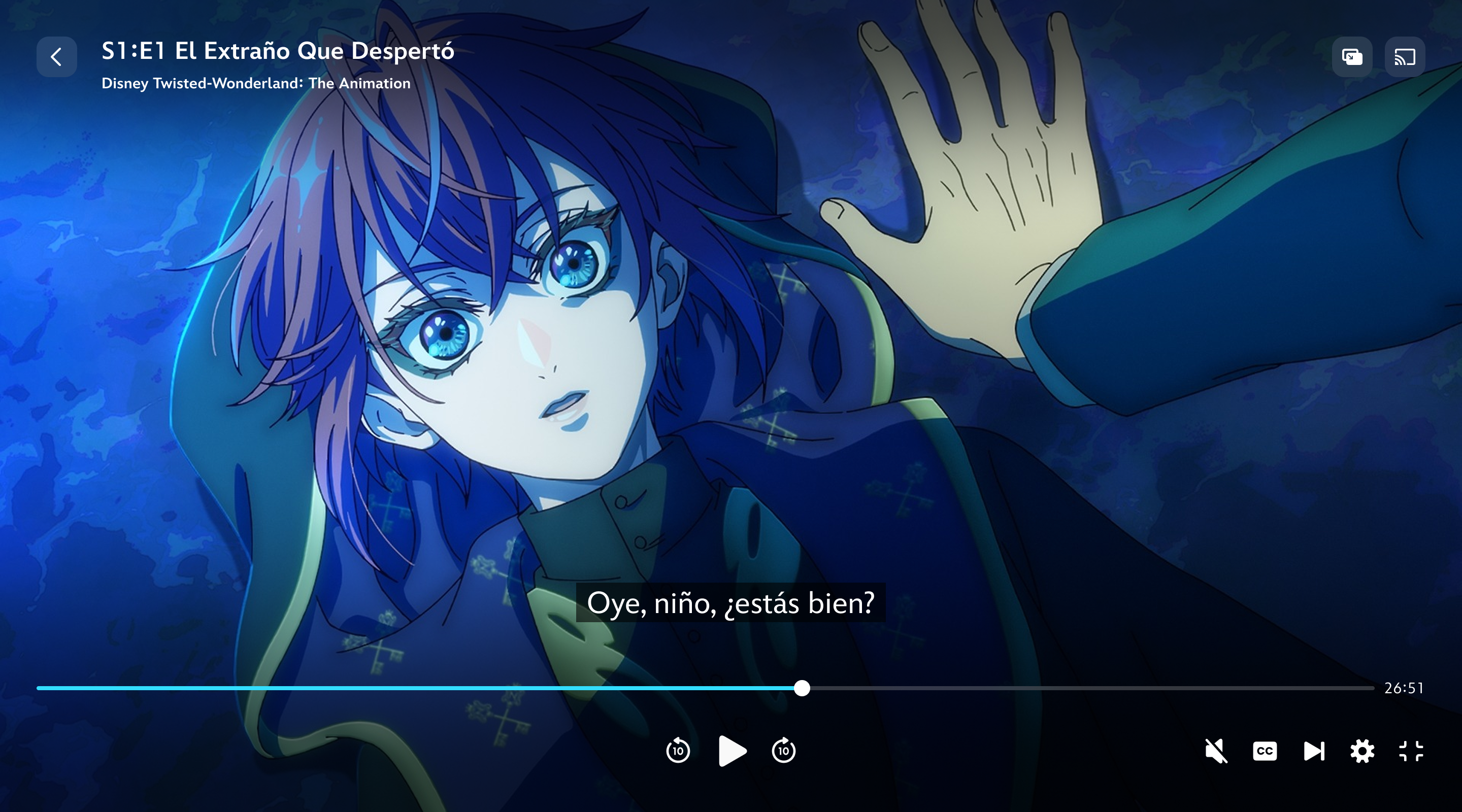 Arte promocional oscurecido de Disney Twisted-Wonderland: La serie. El texto superpuesto dice "Audiodescripción".