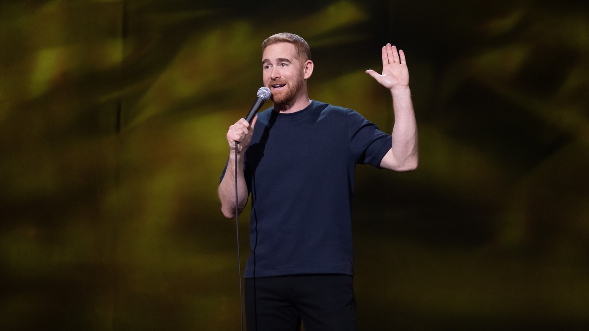 Andrew Santino in his Hularious stand-up comedy special on Hulu.