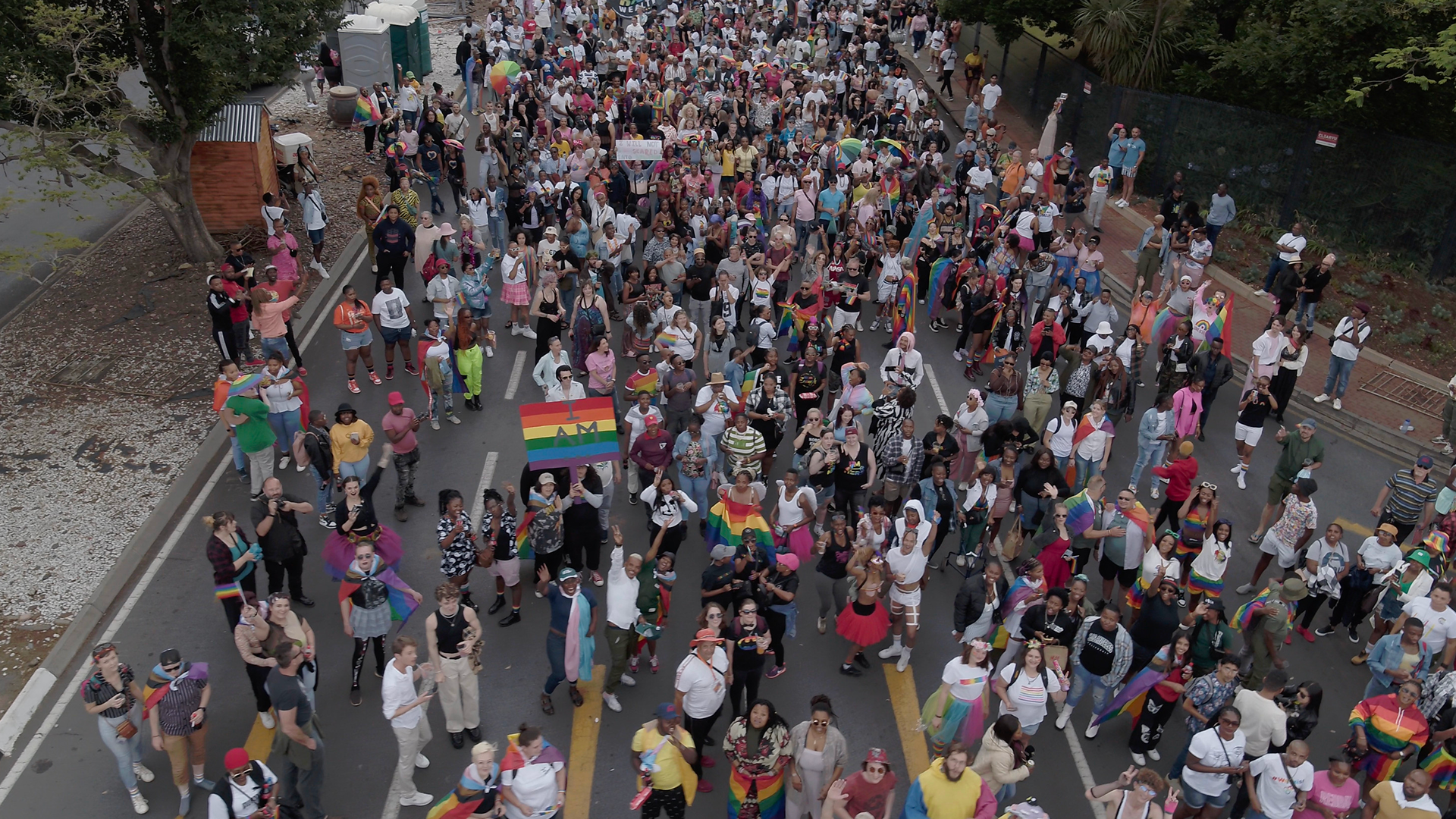 Overhead shot of a Pride parade.