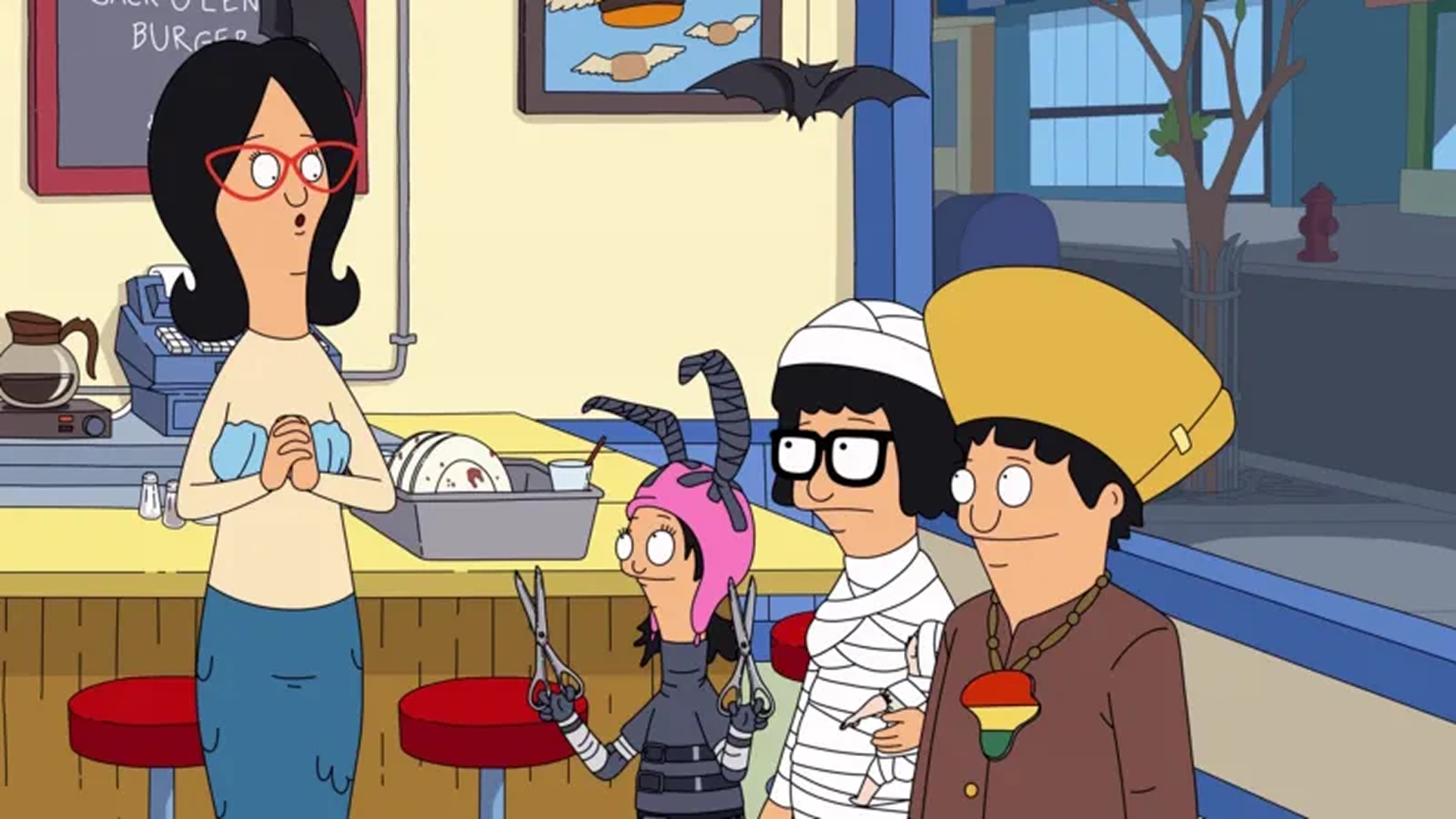 Linda Belcher, Tina Belcher, Louise Belcher, and Gene Belcher in Bob's Burgers Season 3, Episode 2: “Full Bars”, Hulu