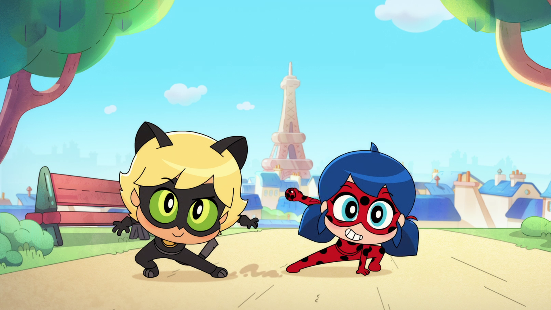 Scene from Miraculous: Tales of Ladybug and Cat Noir Chibi: Shorts featuring Chibi forms of Ladybug and Cat Noir.