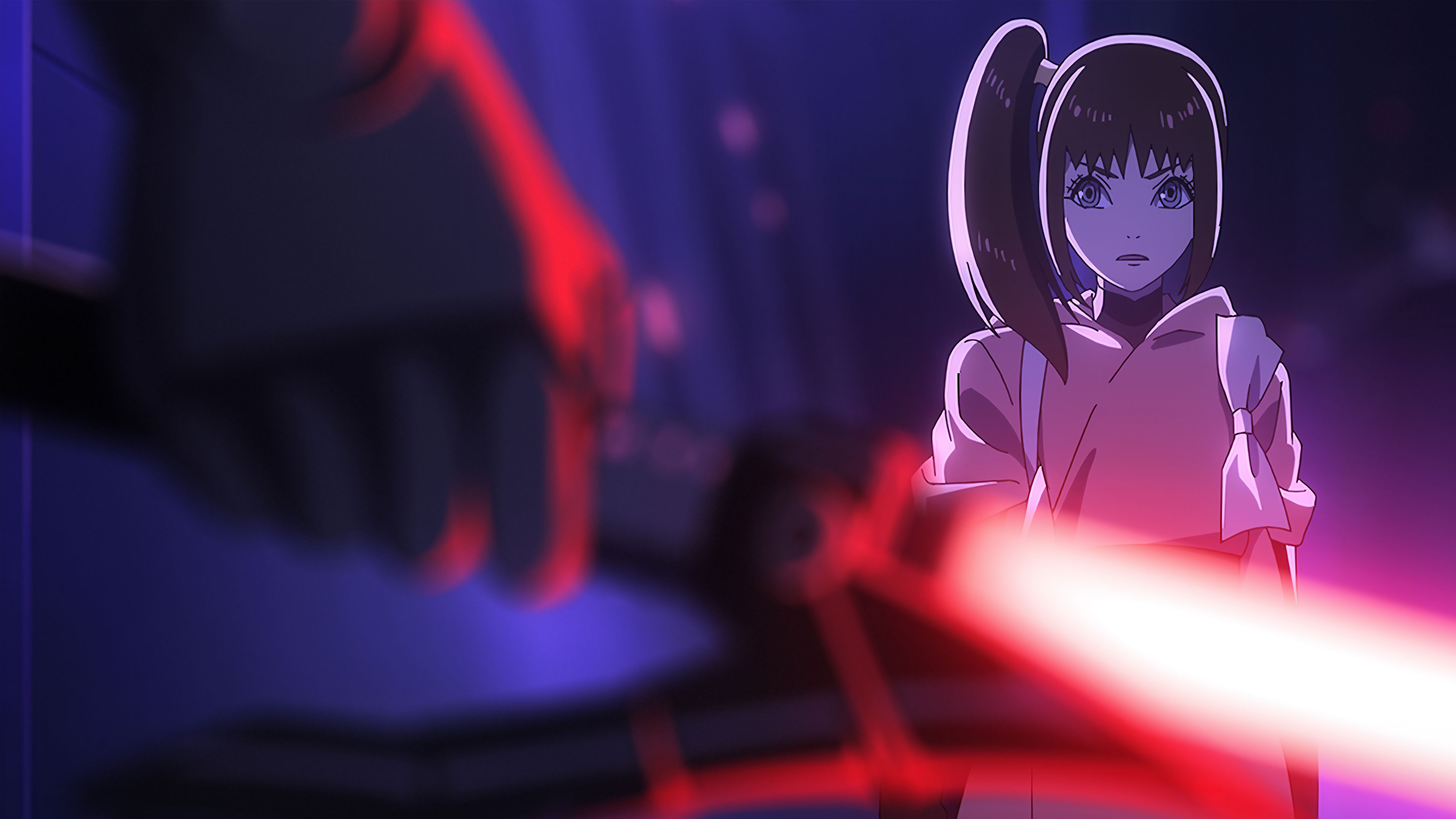 Kara faces an enemy with a red lightsaber.