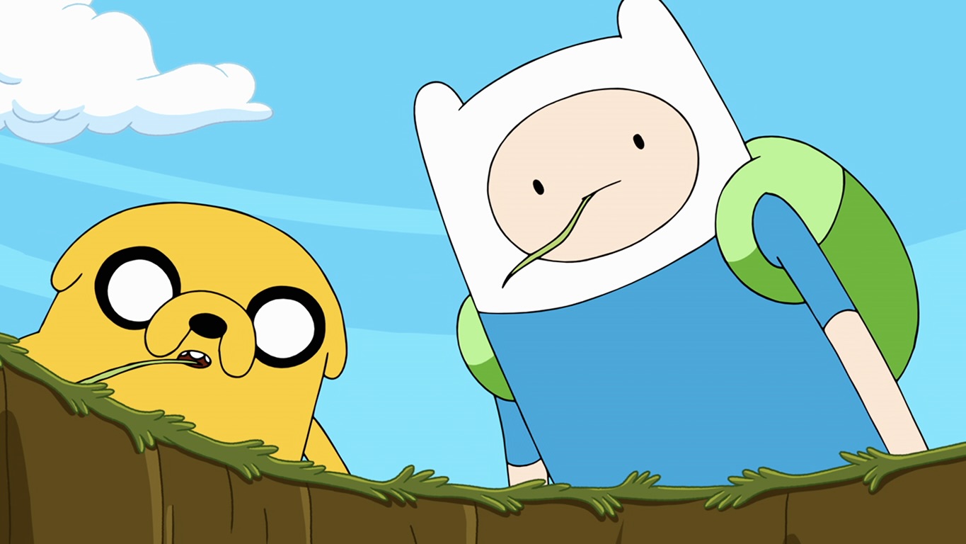 Finn the Human and Jake the Dog from Adventure Time look down into a grassy pit in the Land of Ooo.