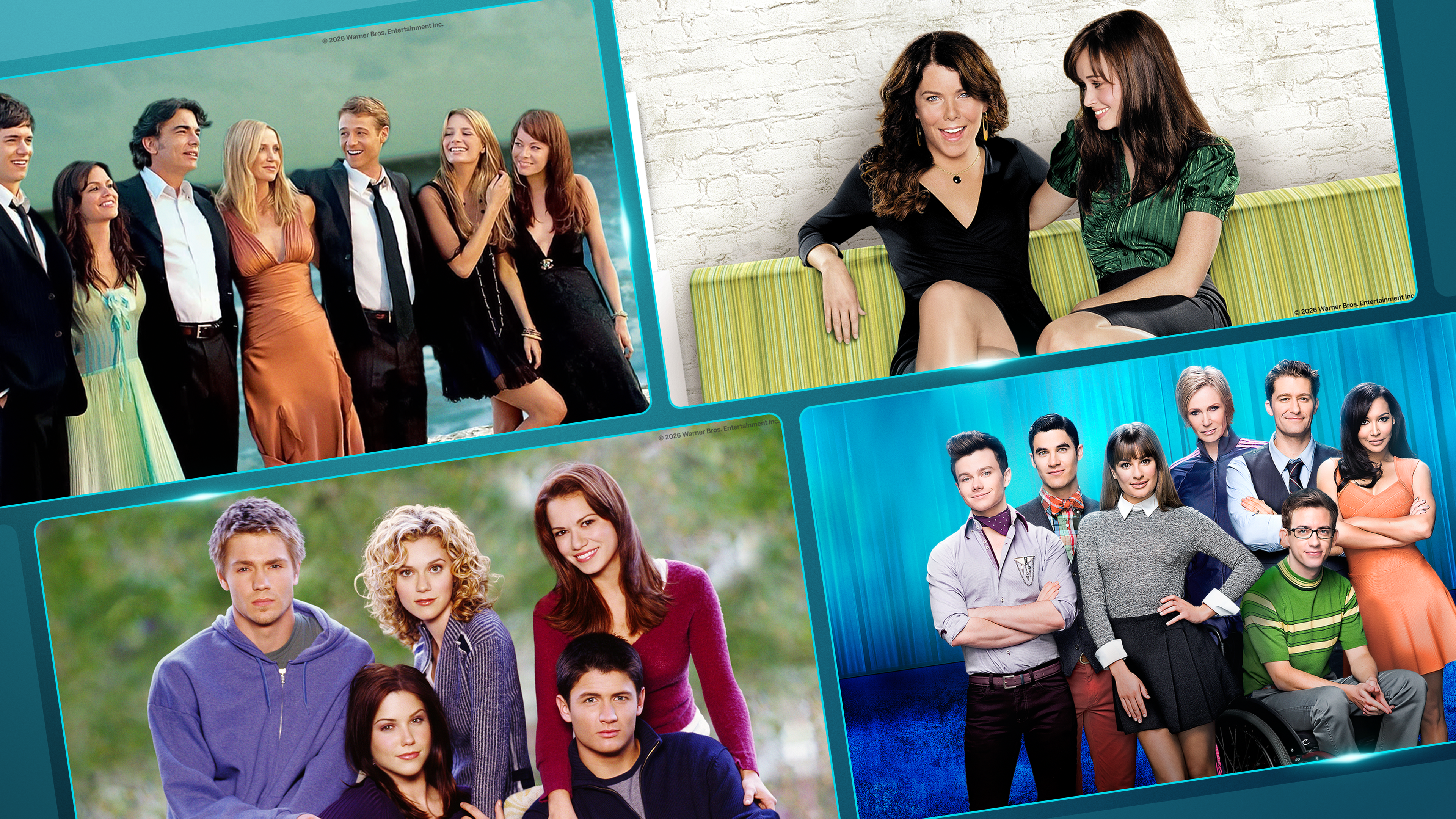 A collage of promotional photos from four iconic 2000s television shows: The O.C., Gilmore Girls, One Tree Hill, and Glee. Each panel features group shots of the main ensemble casts smiling and posing together.