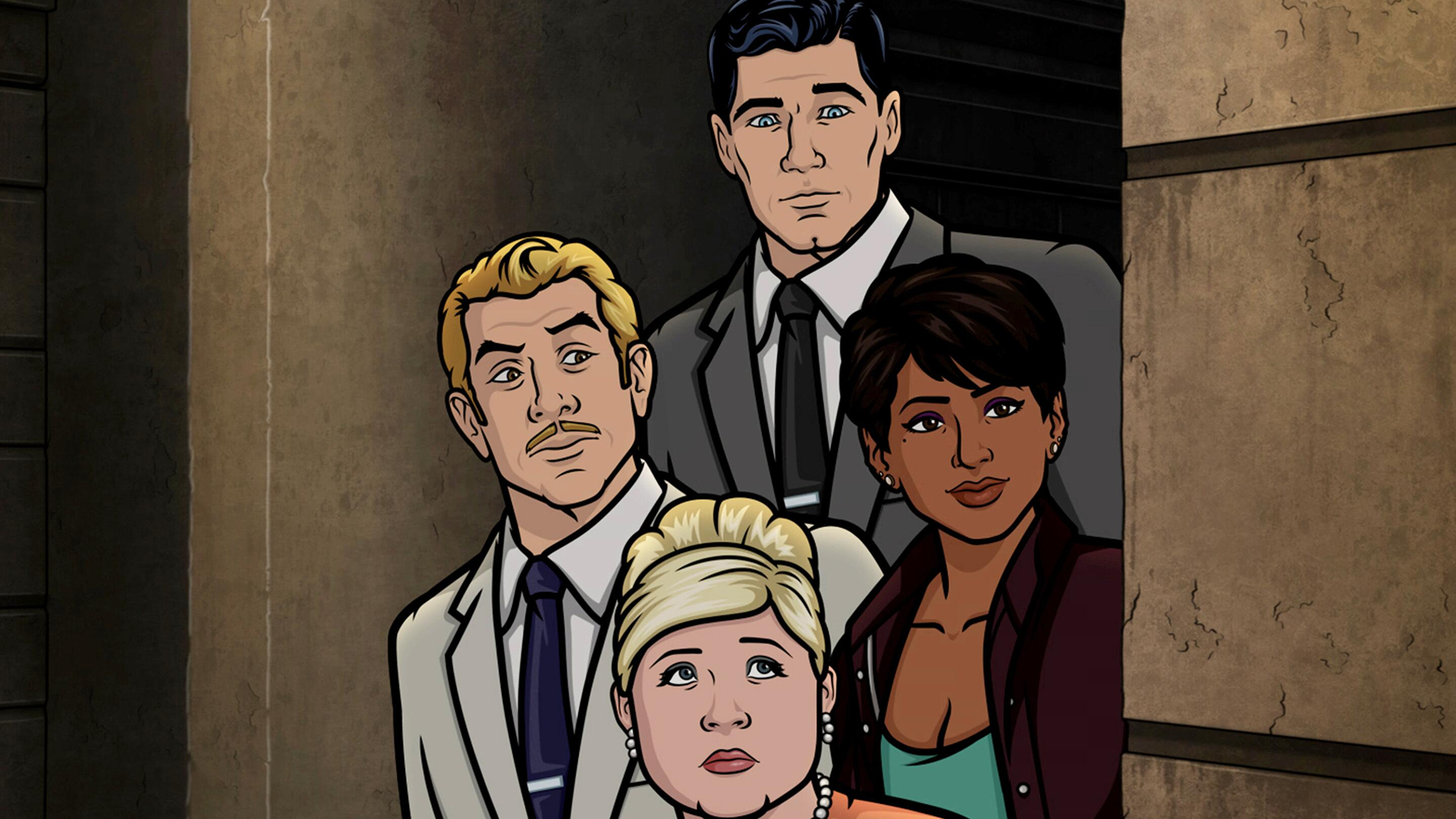 Pam Poovey (Amber Nash) and Archer (H. Jon Benjamin) looking and peaking over a wall in Archer