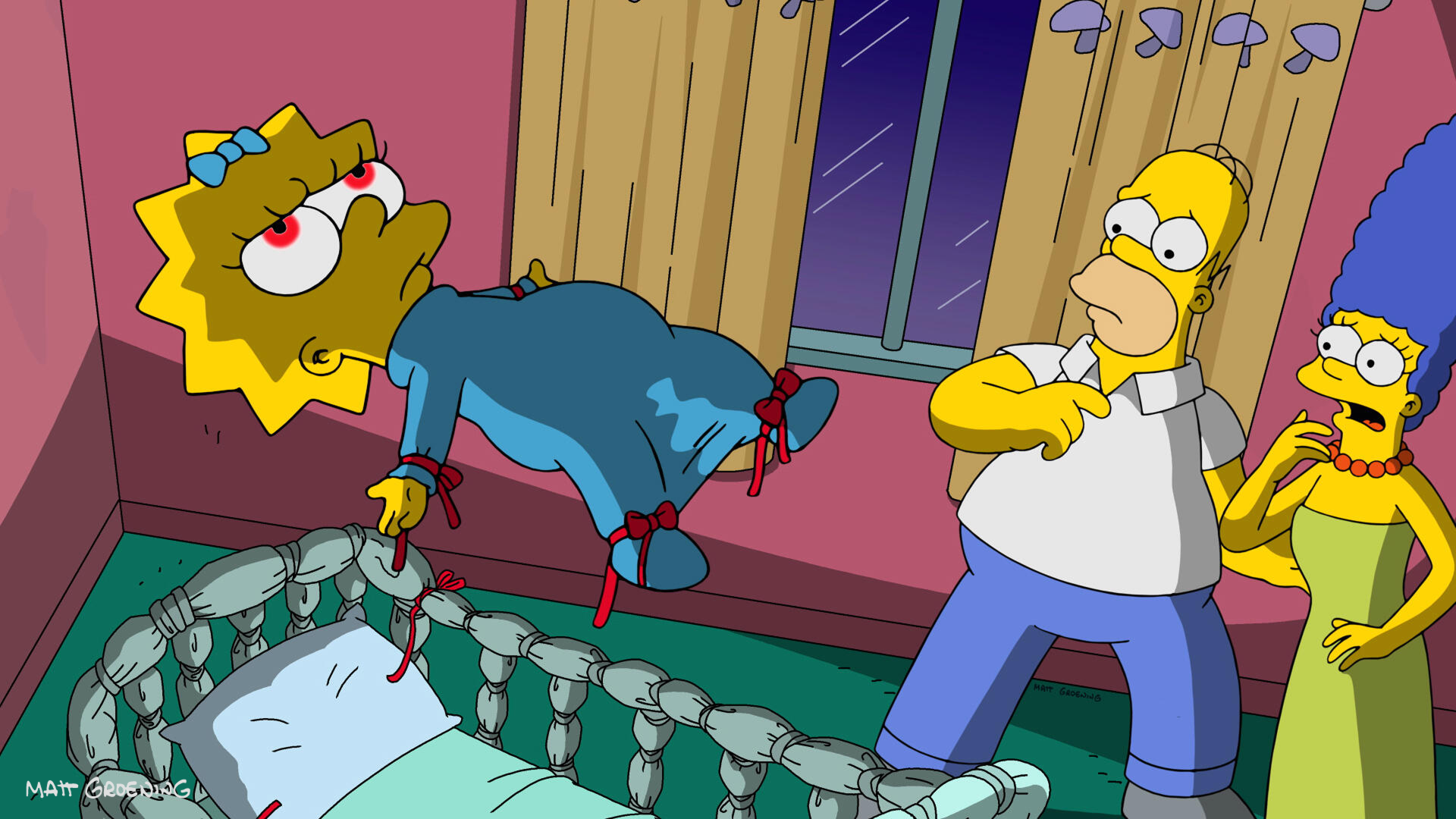 Lisa, Marge and Homer in a scene from The Simpsons: Treehouse of Horror