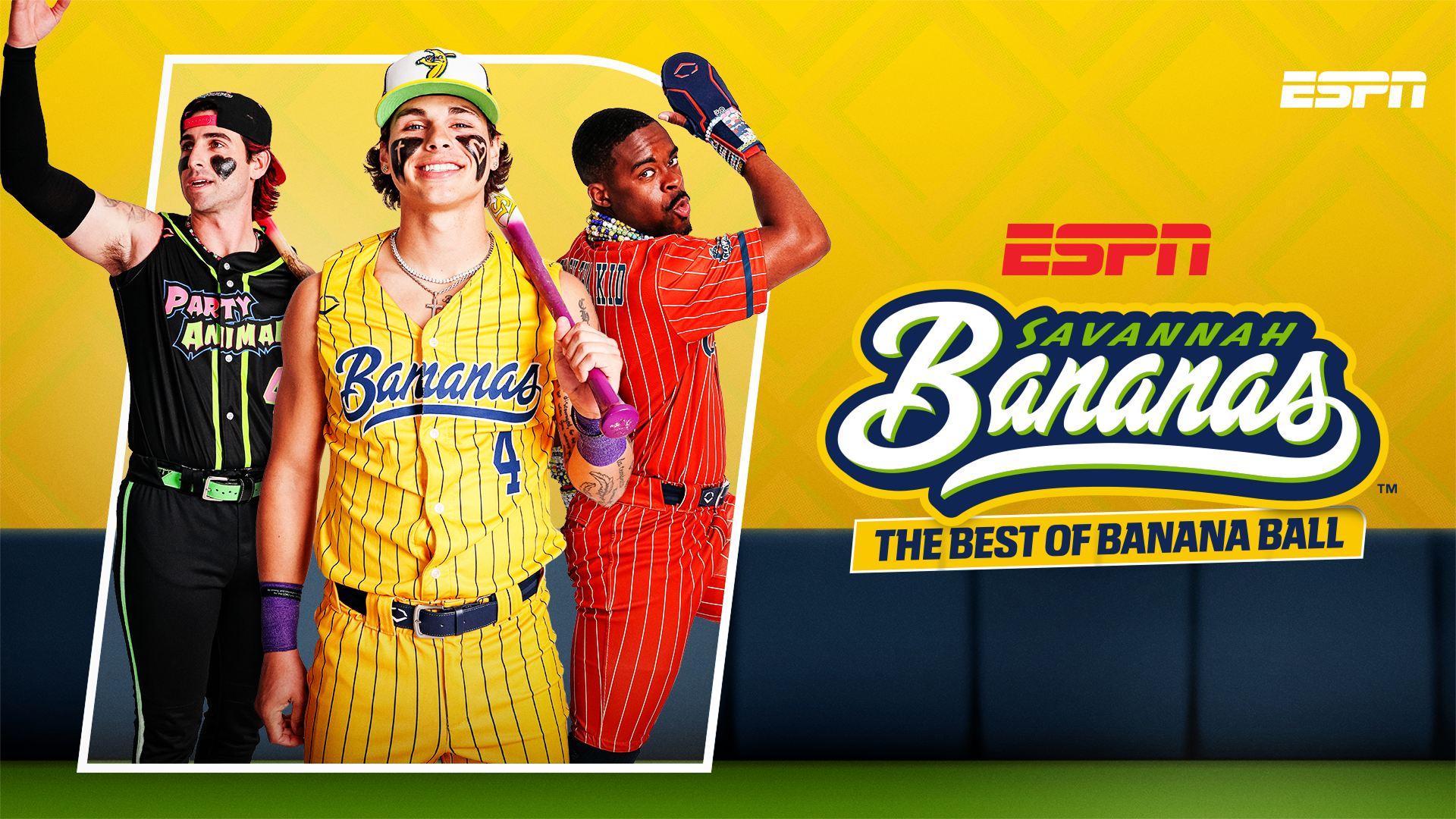 This image shows the Savannah Bananas professional baseball team, known for their entertaining, high-energy style called Banana Ball.