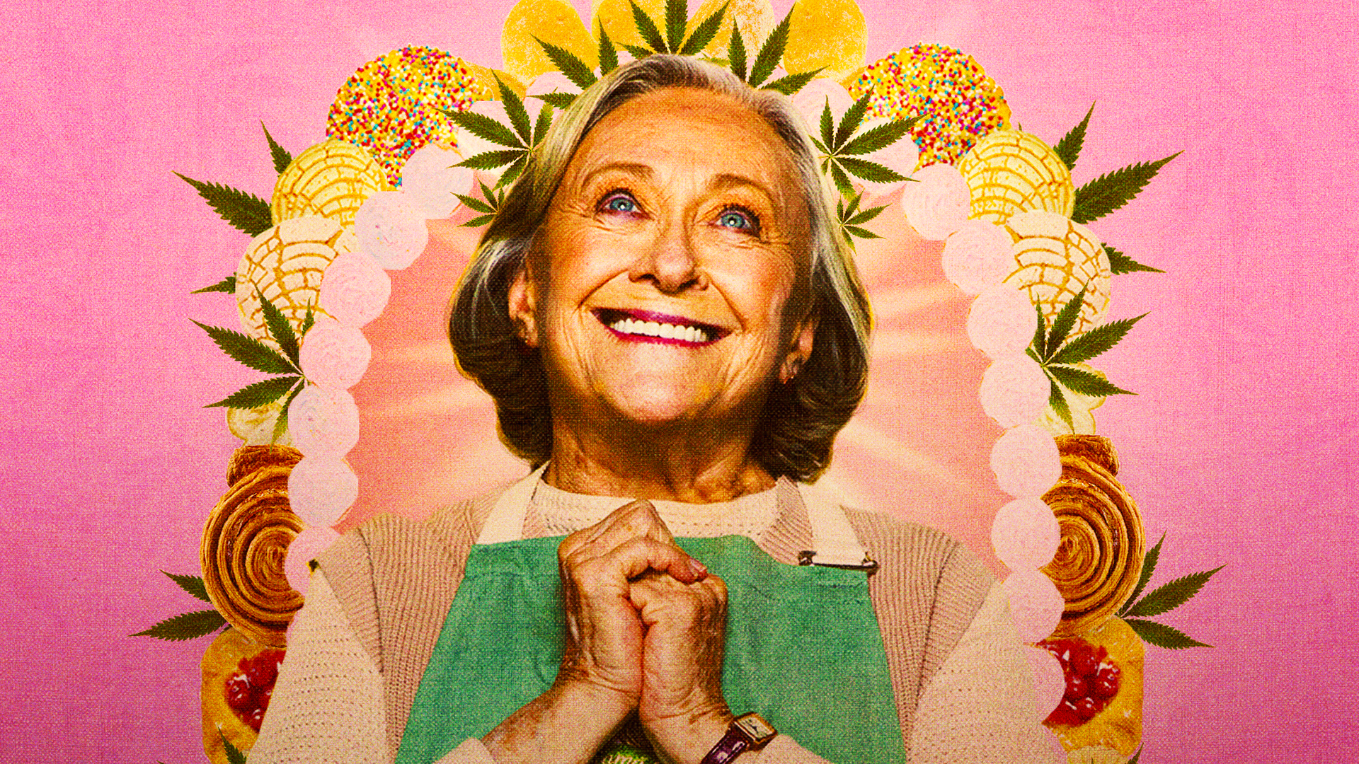 Promotional image of Maria (Susana Alexander) with a background of pastries, cakes, and marijuana leaves.