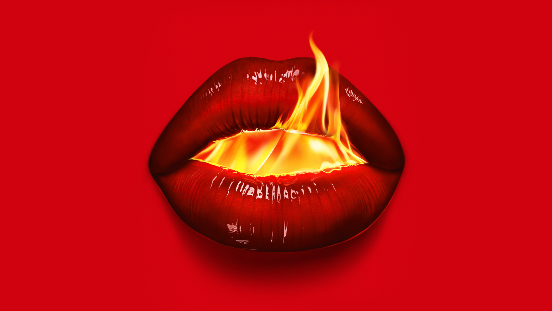 Bold, red lips with fire coming out of them on a poster for FX's The Beauty