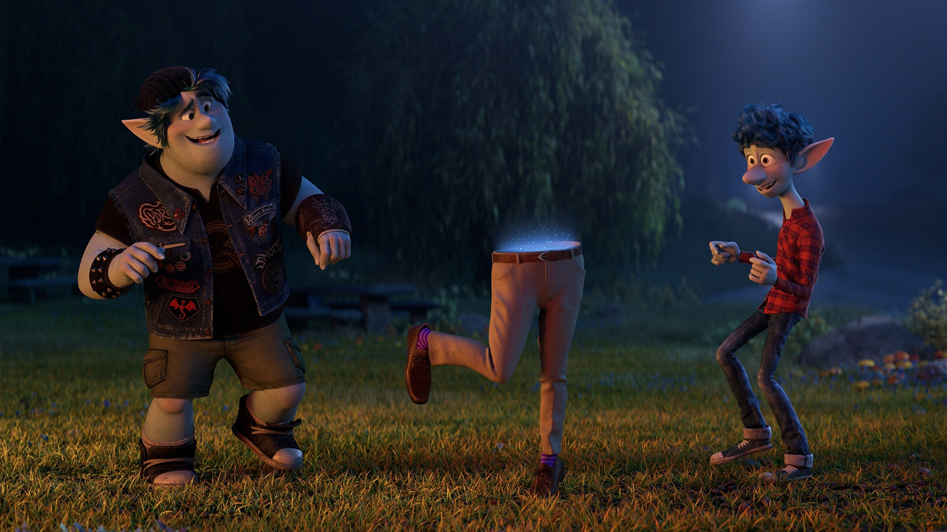 Ian and Barley Lightfoot stares in surprised at a pair of magical dancing leg