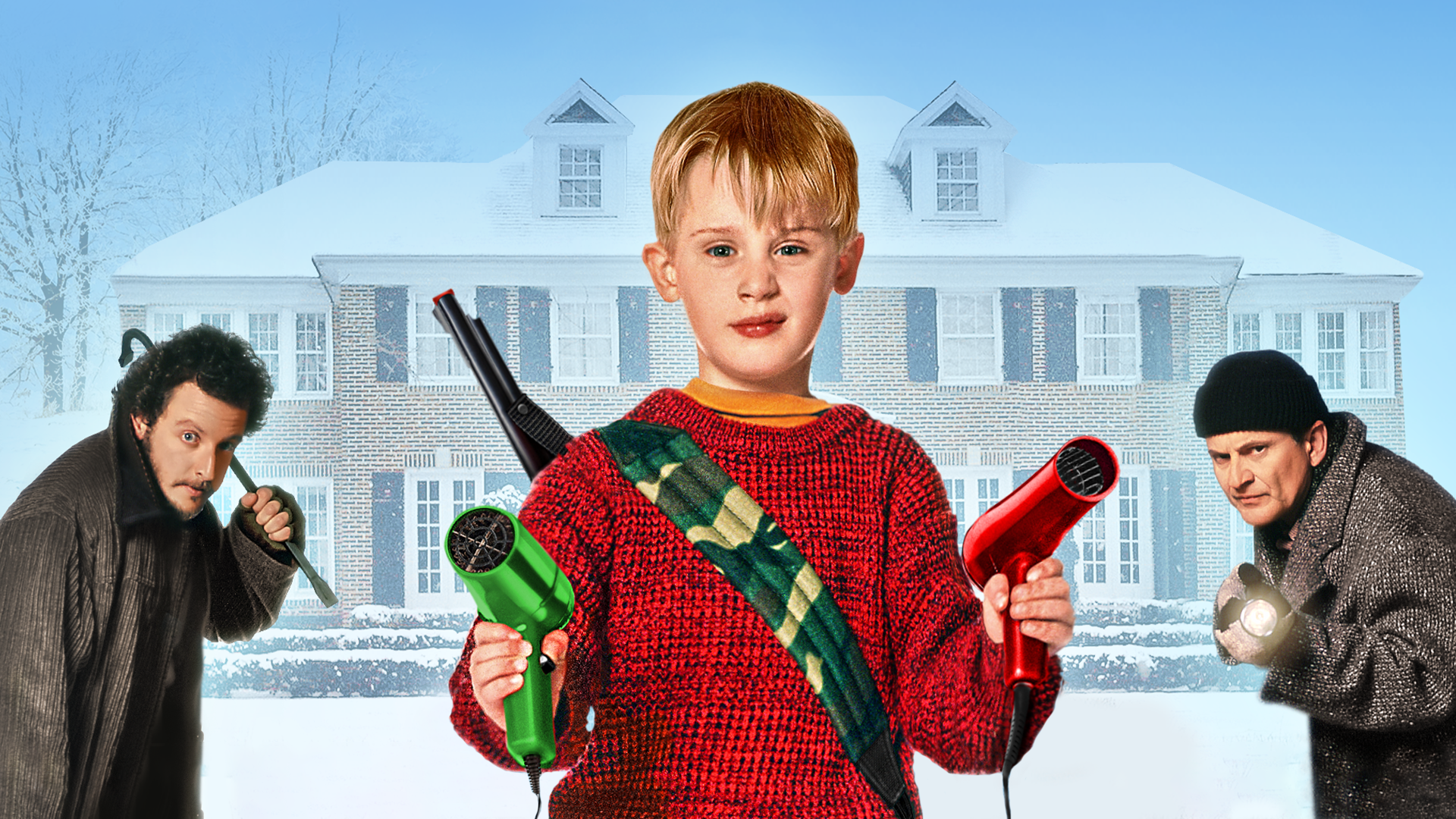 Kevin McCallister (Macaulay Culkin) wields two hairdryers, with burglars Harry and Marv (Joe Pesci and Daniel Stern) behind him.