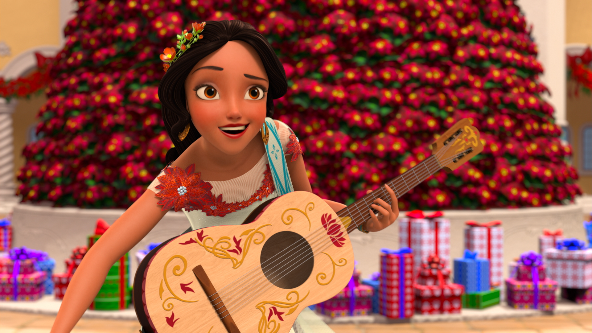 Elena strums her guitar in front of a pile of presents