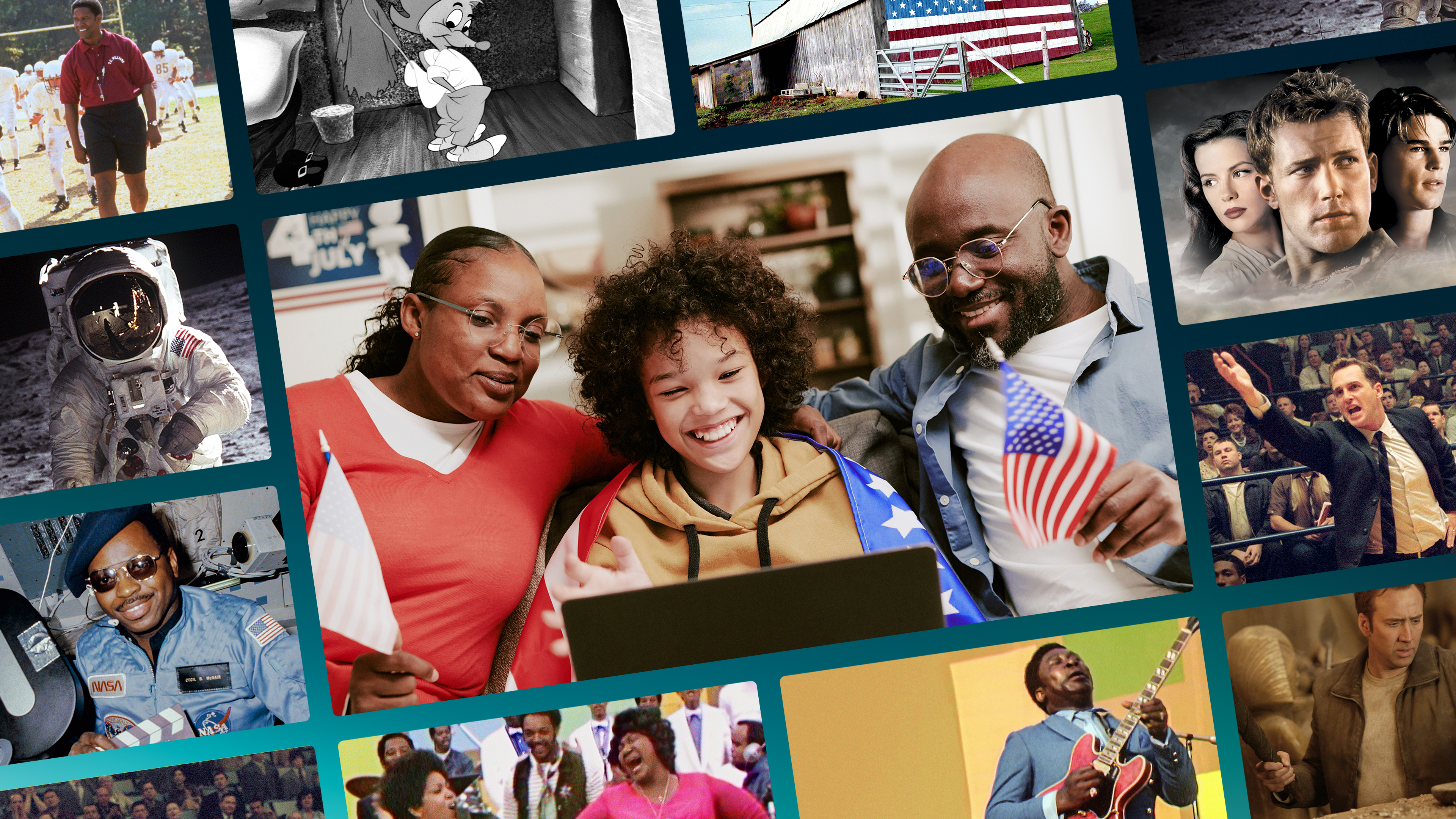 An image of a man, woman, and a child in front of a laptop, holding American flags. The central image is surrounded by images from the movies in this Watch Guide