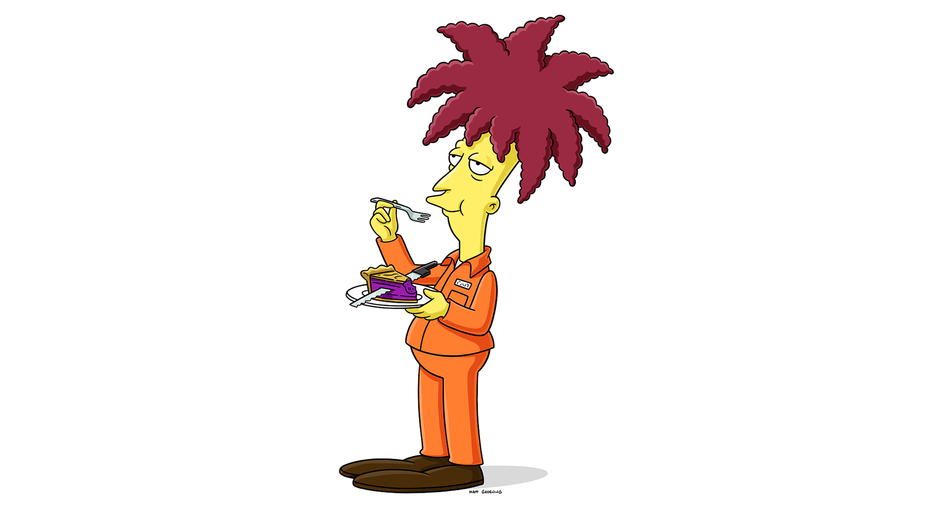 This is a digital illustration of Sideshow Bob from The Simpsons, featuring his iconic spiky red hair. The character is dressed in his signature orange prison jumpsuit while calmly eating a slice of pie.