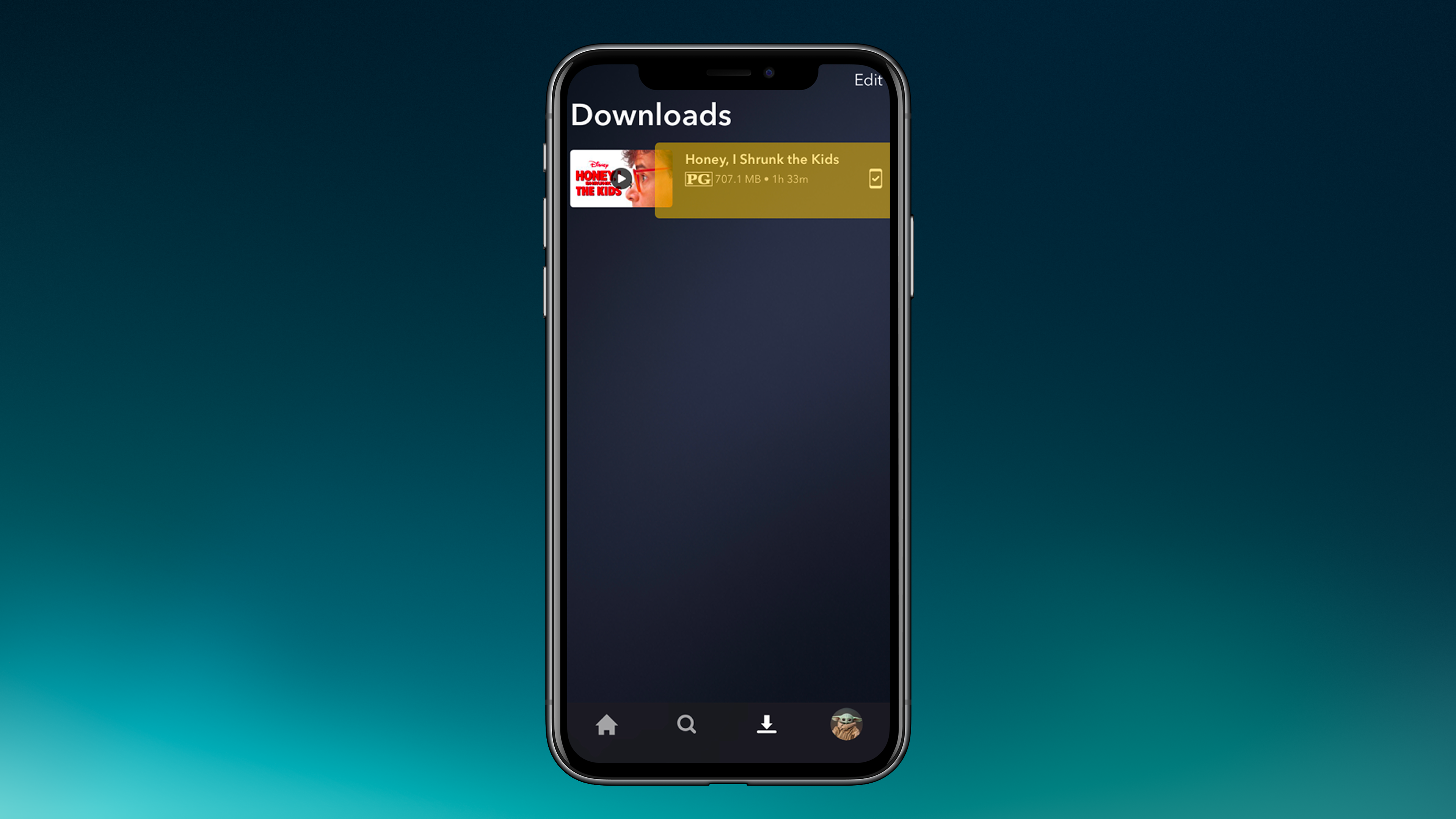 A screenshot of the Downloads page in the Disney+ app, showing Honey, I Shrunk the Kids as a downloaded movie.