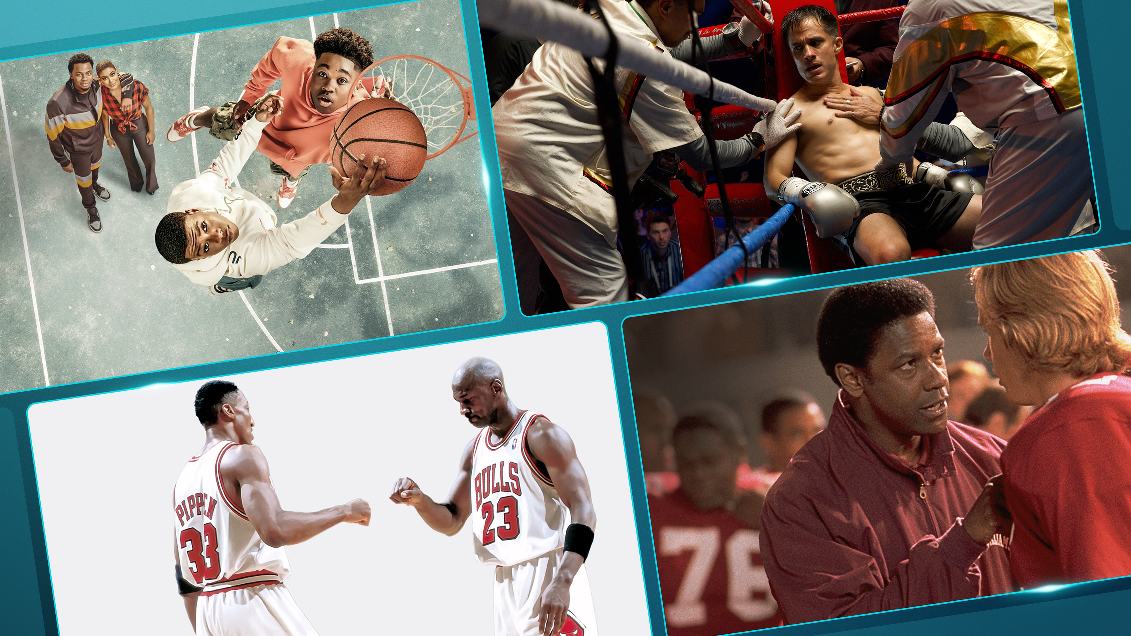 Images from Bananaland, Remember the Titans, The Last Dance, and La Máquina