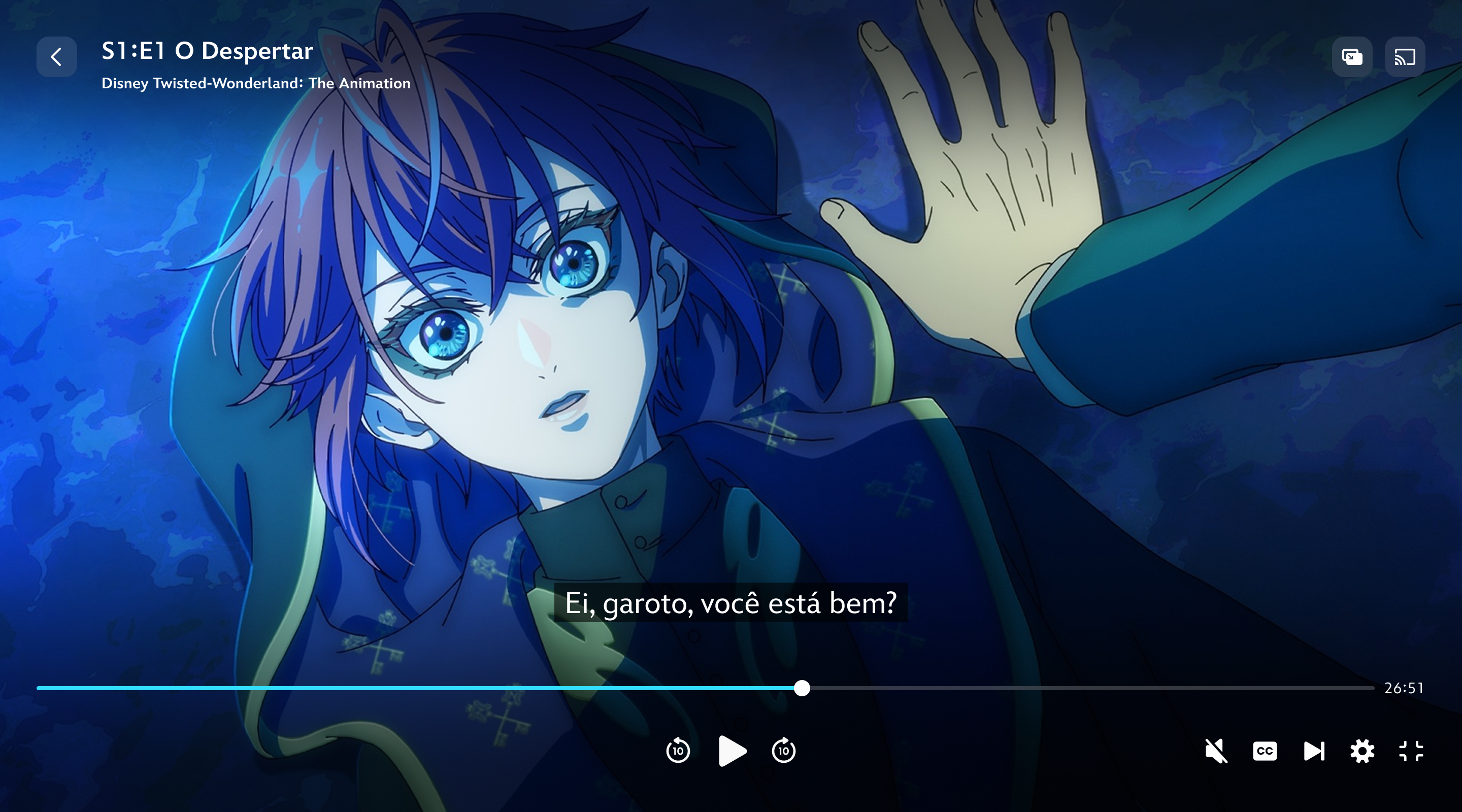 Arte promocional escurecida de Disney Twisted-Wonderland: A Série. O texto sobreposto diz: audiodescrição.