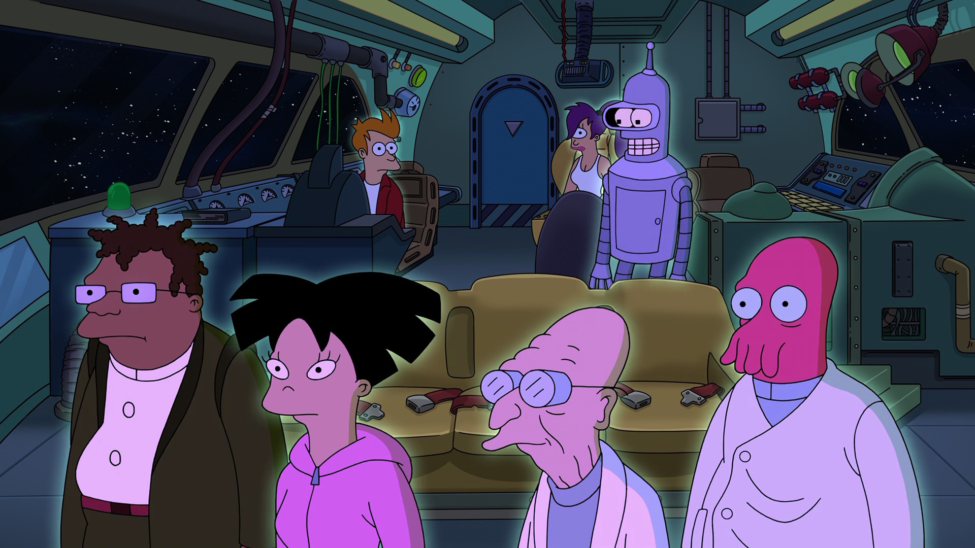Hermes (Phil LaMarr), Amy (Lauren Tom), Professor Farnsworth (Billy West), and Zoidberg (Billy West) stand in the foreground of a dim spaceship cockpit while Fry (Billy West), Leela (Katey Sagal), and Bender (John DiMaggio) look on behind them.
