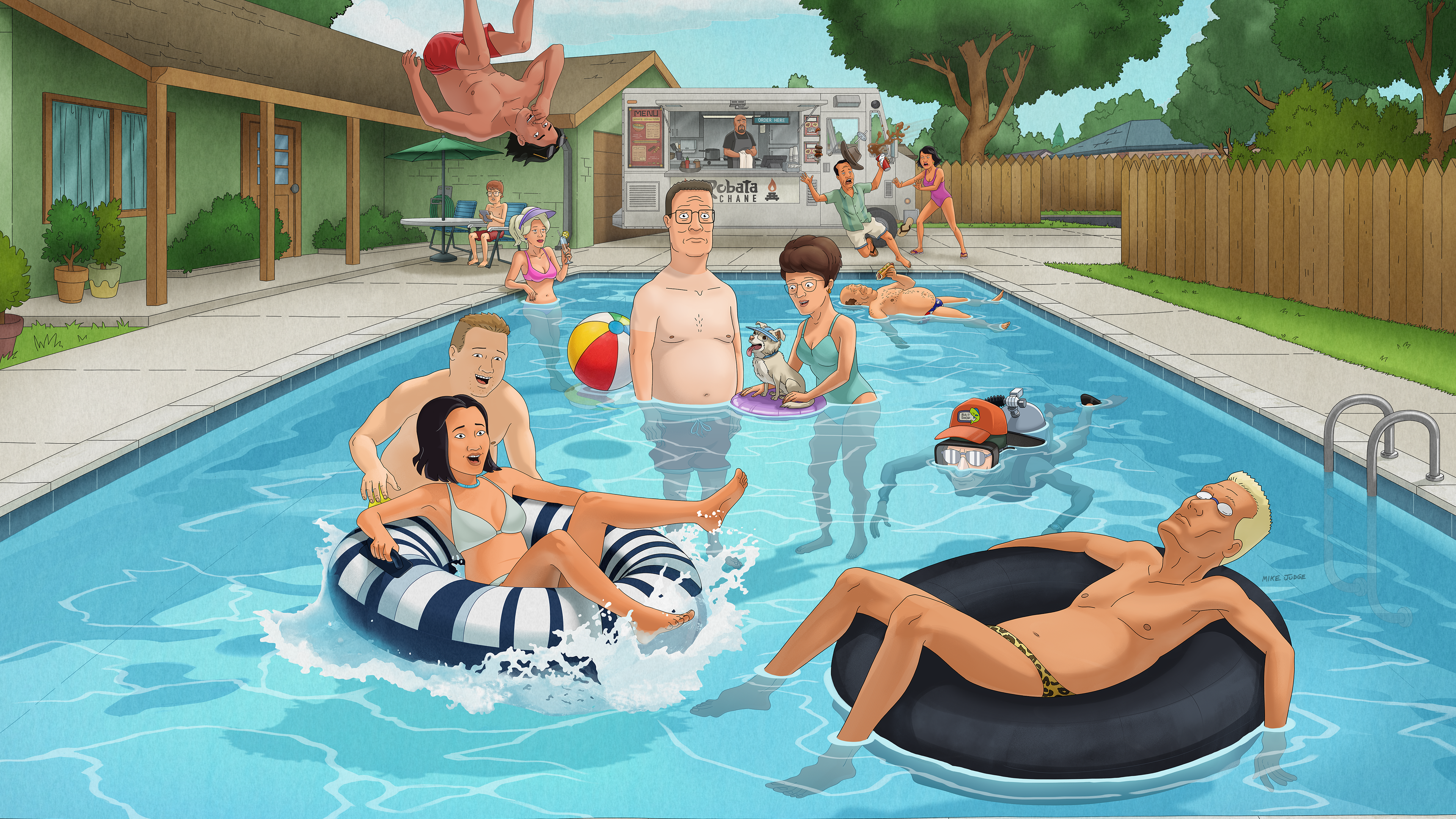 Hank and Peggy Hill in a pool, surrounded by their neighbors
