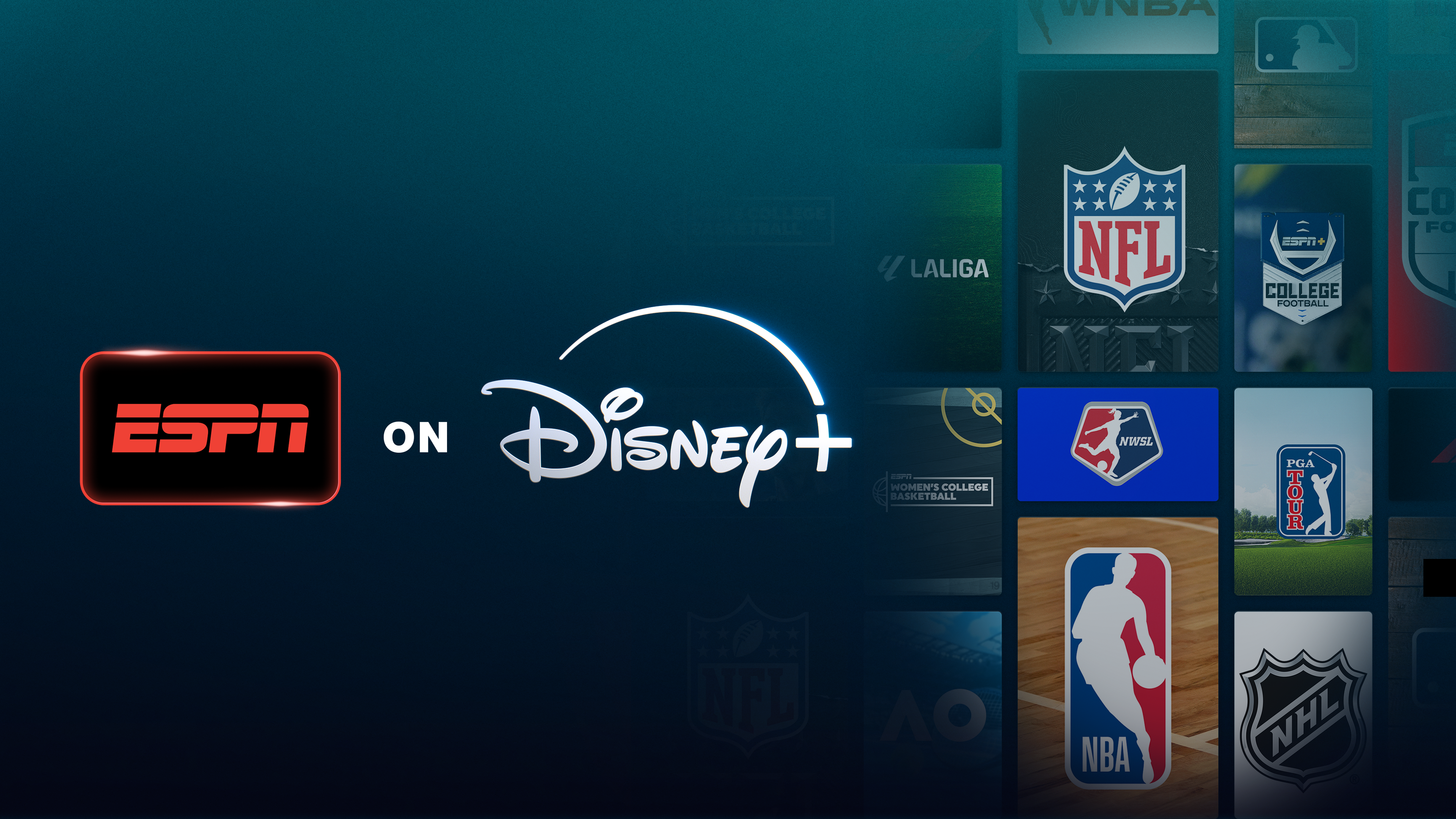 A promotional graphic features the text "ESPN ON Disney+" in the center, flanked by a grid of major sports league logos including the NFL, NBA, NHL, and NWSL on the right.