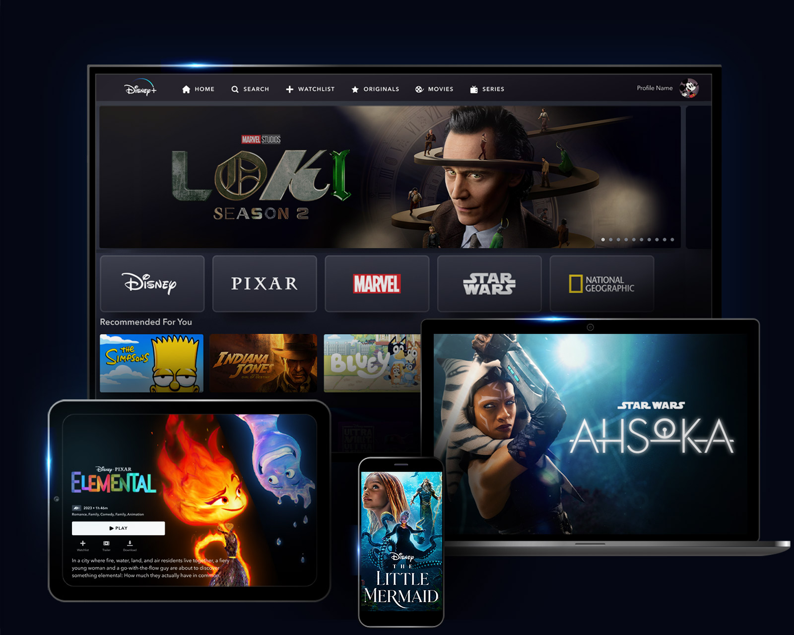 4 Devices showcasing the Disney+ product on TV, Mobile, Laptop, and Tablet