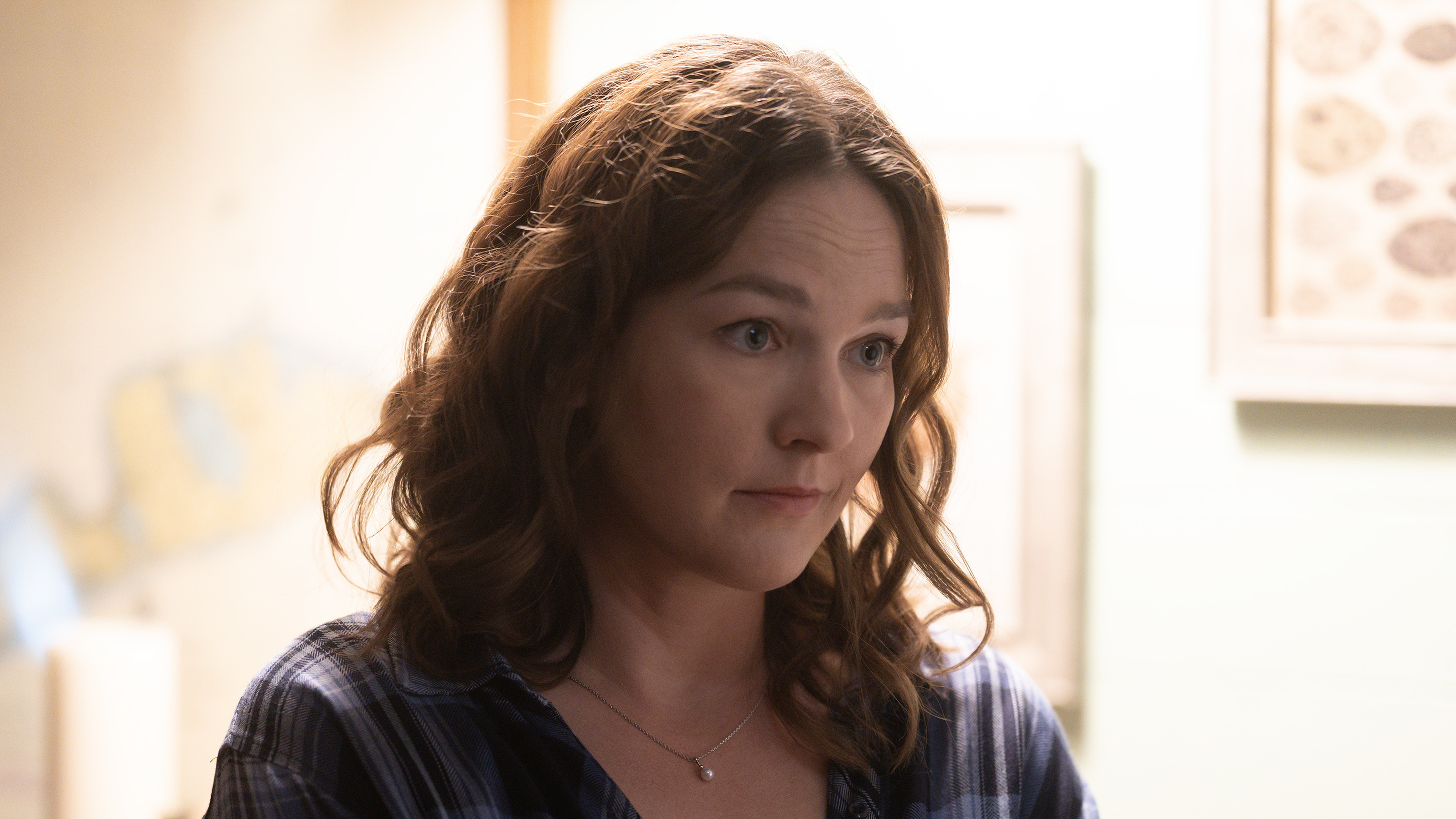 Virginia Kull as Sally Jackson in the Disney+ series Percy Jackson and the Olympians. 