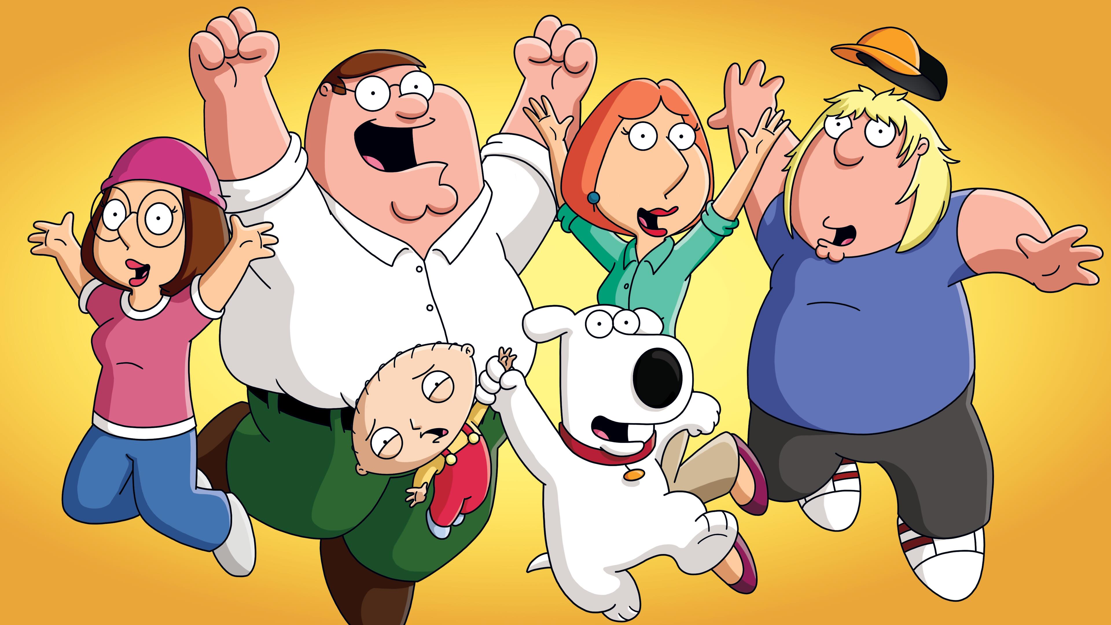 Promotional image of the Griffin family from Family Guy, featuring Peter, Lois, Meg, Chris, Stewie, and Brian.
