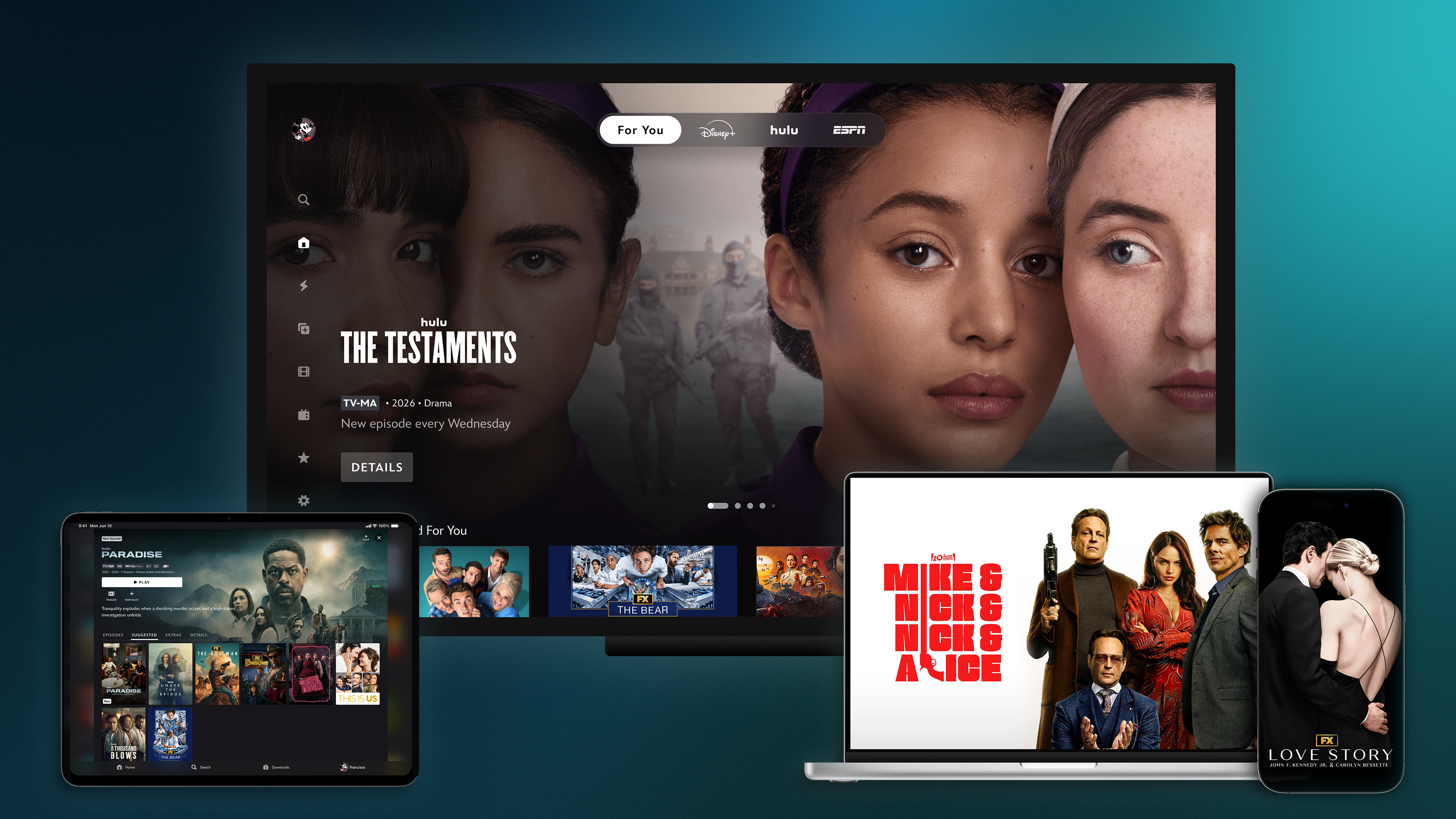 Hulu titles available on Disney+ showcased on various devices.