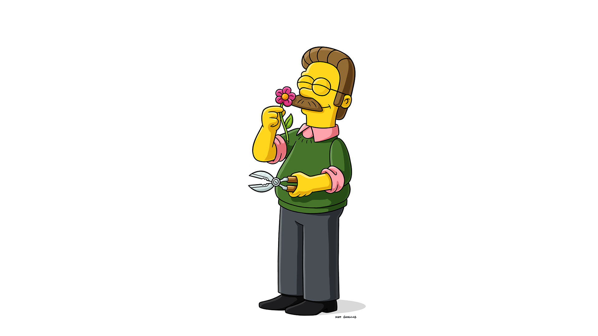 This image features the character Ned Flanders from The Simpsons, depicted with his signature mustache and spectacles. He is shown wearing a green sweater over a pink collared shirt, holding garden shears while smelling a pink flower.