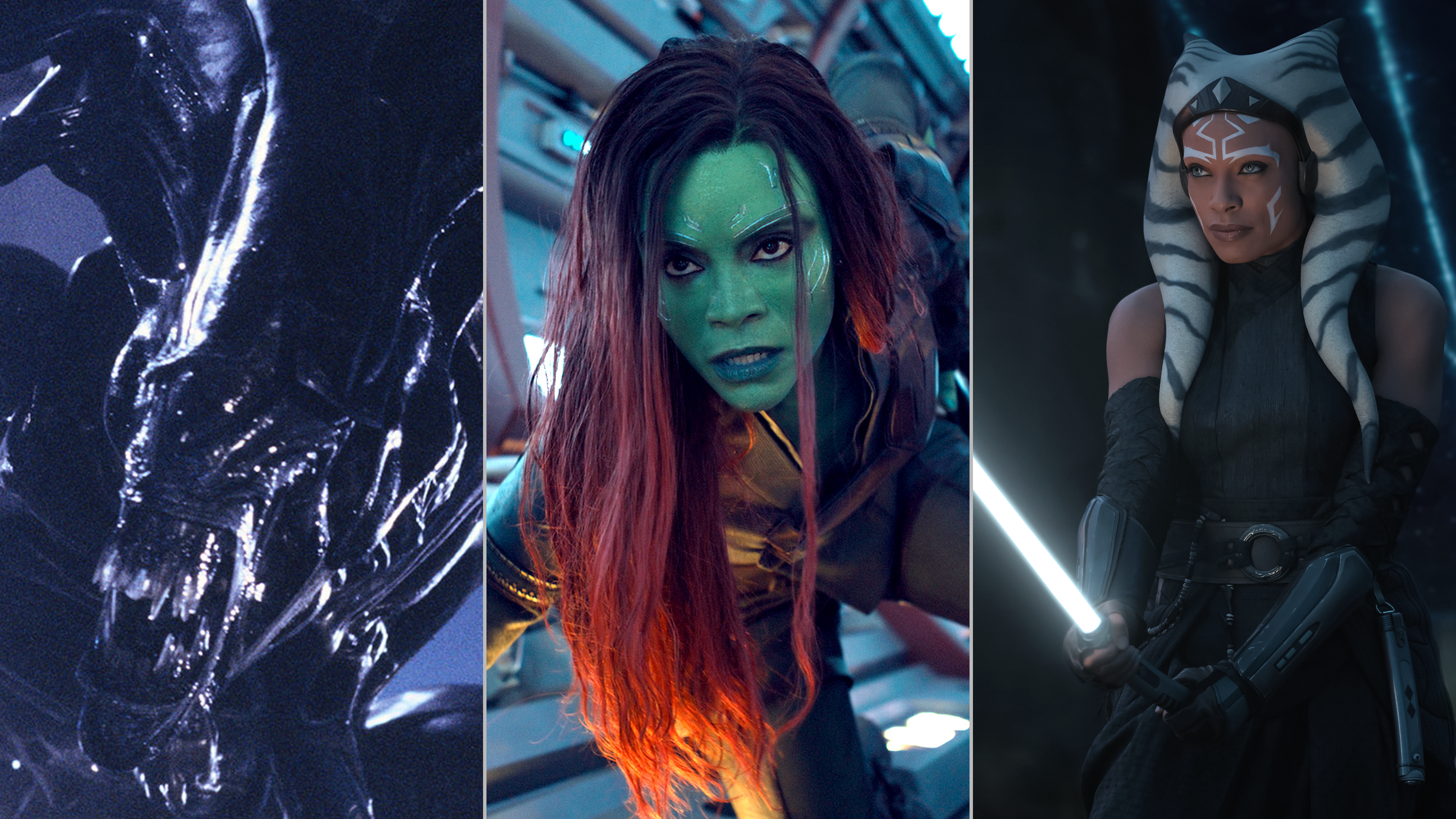 Imagen dividida en tres partes: Ahsoka Tano de Ahsoka, Gamora de Guardianes de la Galaxia Volumen 3 y la reina Alien de Alien 2: El regreso